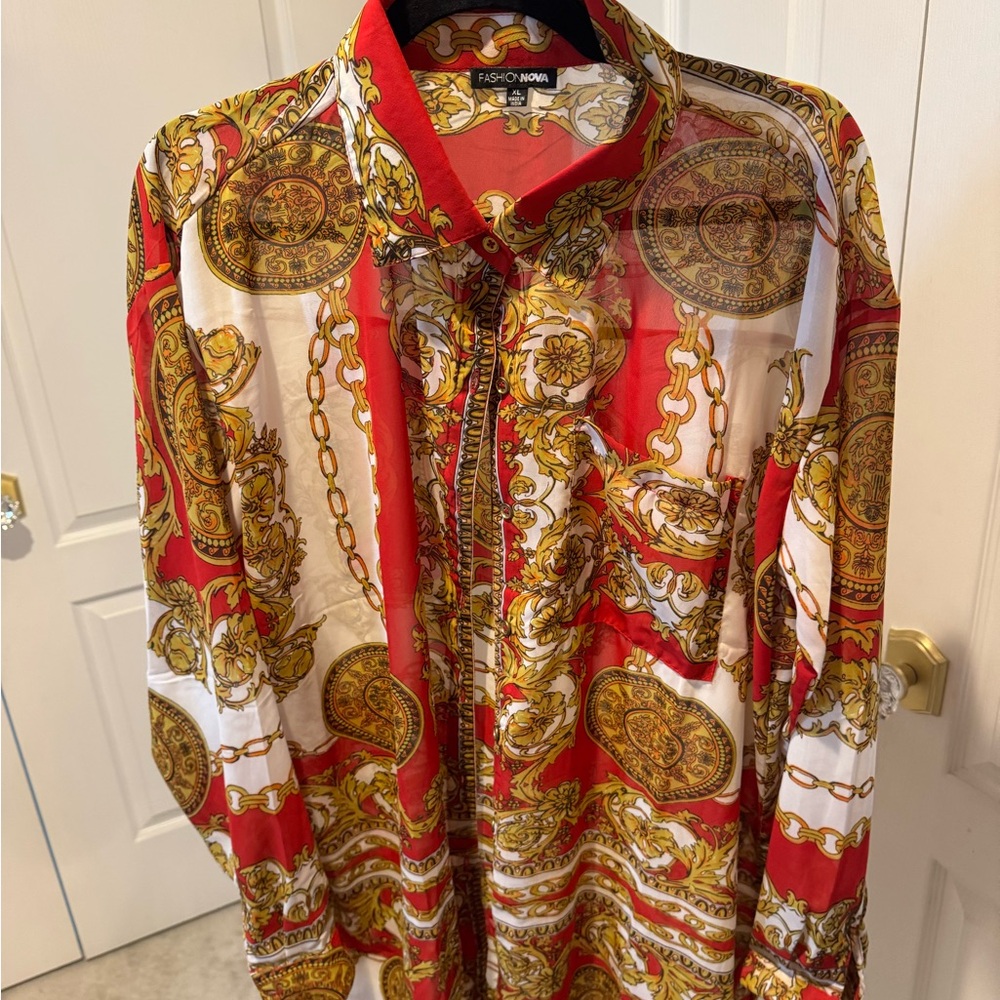 Fashion Nova Women’s Red and Gold Patterned Shirt
